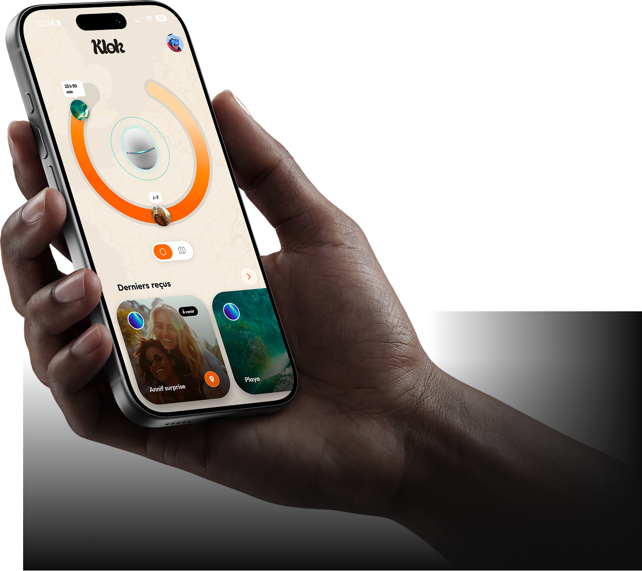 Écran du téléphone montrant l'application Klok